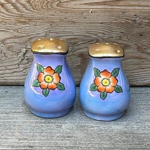 Tiny Vintage Porcelain Blue Lusterware Salt & Pepper Handpainted Orange Flower